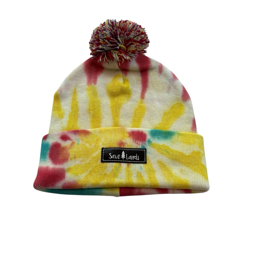 Save Lands yellow tie dye Pom Pom beanie hat unisex NWOT